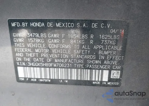 2015 Honda Fit Ex/Ex-L from USA, damaged, VIN 3HGGK5H89FM706231